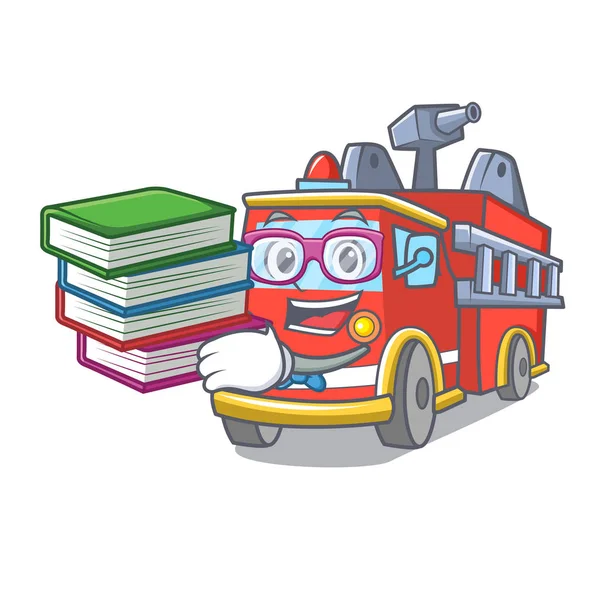 Студент з книгою пожежної машини талісман мультфільм — стоковий вектор