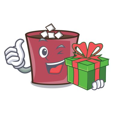 Hediye ile sıcak çikolata maskot karikatür vektör çizim