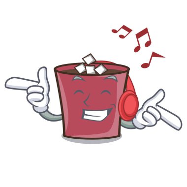 Dinleme müzik sıcak çikolata maskot karikatür vektör çizim