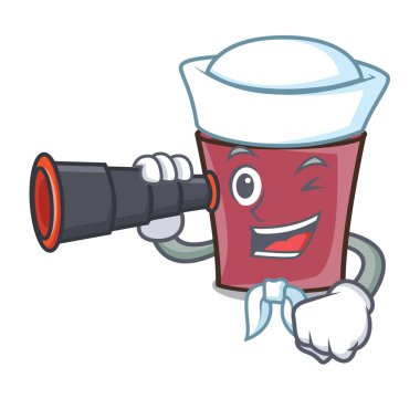 Denizci dürbün sıcak çikolata maskot karikatür vektör çizim ile