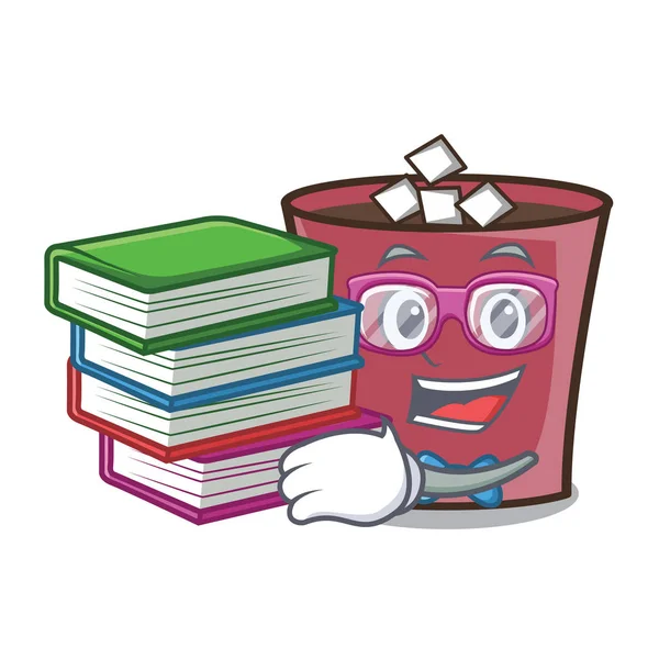 Studente Con Libro Caldo Cioccolato Mascotte Fumetto Vettoriale Illustrazione — Vettoriale Stock