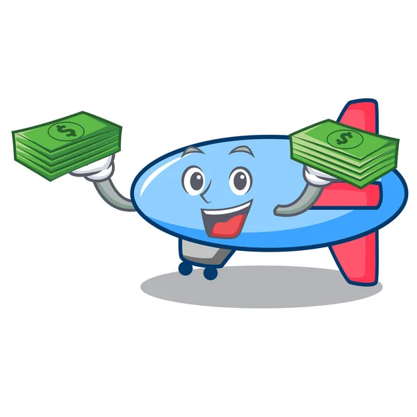 Con bolsa de dinero zeppelin mascota estilo de dibujos animados — Vector de stock