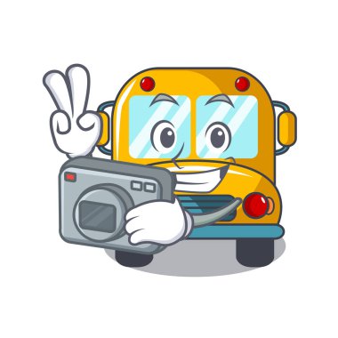 Fotoğrafçı okul otobüsü maskot karikatür vektör çizim