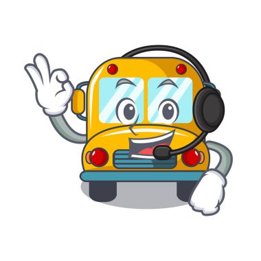 Kulaklık okul otobüsü maskot karikatür vektör çizim ile