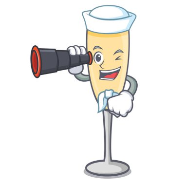 Denizci dürbün şampanya maskot karikatür tarzı ile