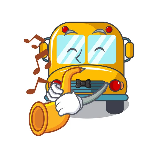 Med Trumpet Skolbuss Maskot Tecknade Vektorillustration — Stock vektor