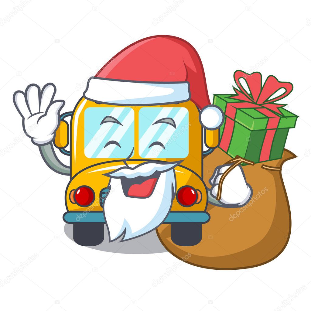 Santa with gift school bus mascot cartoon vector illustration