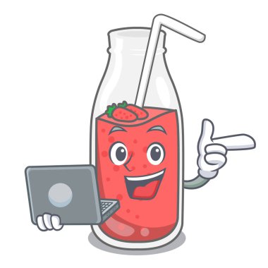 Dizüstü çilek güler yüzlü karakter karikatür vektör çizim ile