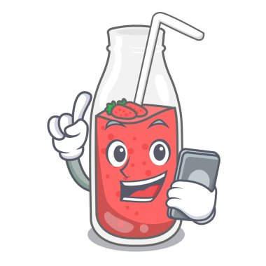 Telefon çilek güler yüzlü karakter karikatür vektör çizim ile