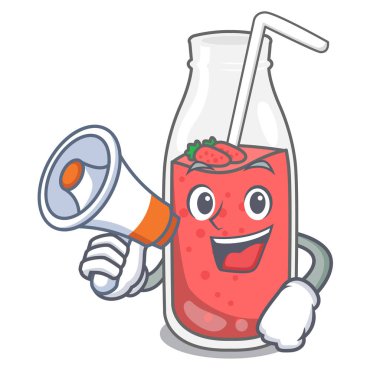 Megafon çilek güler yüzlü karakter karikatür vektör çizim ile
