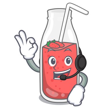 Kulaklık çilek güler yüzlü maskot karikatür vektör çizim ile