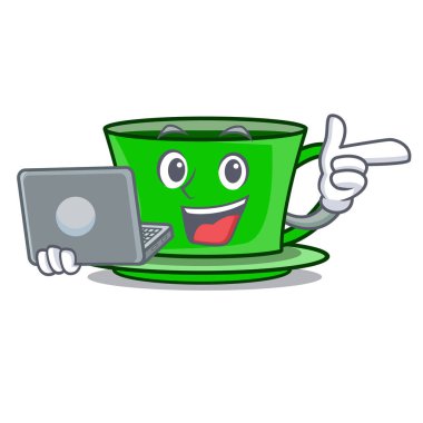 Dizüstü yeşil çay karakter karikatür vektör çizim ile