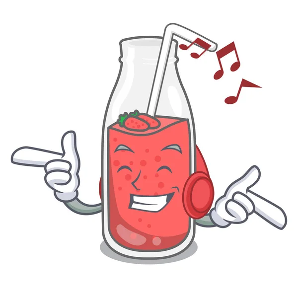 Musik Hören Erdbeer Smoothie Maskottchen Cartoon Vektor Illustration — Stockvektor