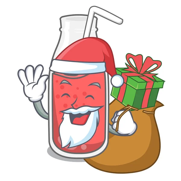 Santa Con Regalo Fresa Smoothie Mascota Dibujo Animado Vector Ilustración — Vector de stock