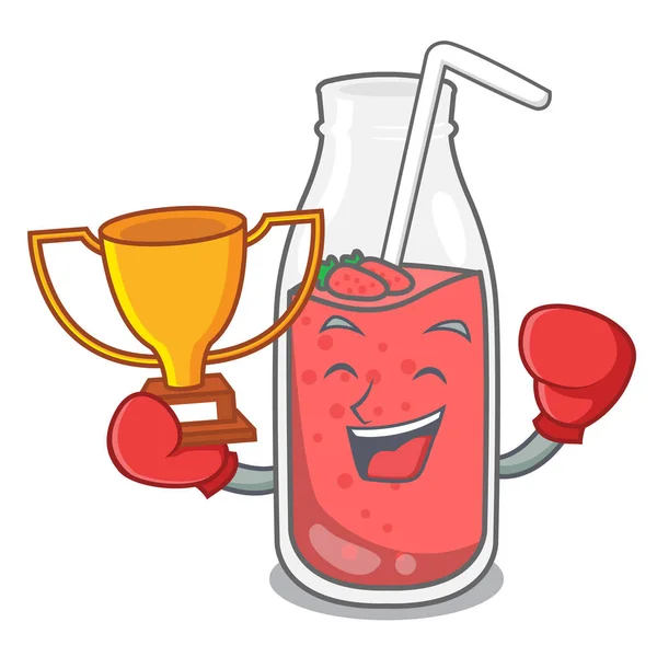 Boxsieger Erdbeer Smoothie Maskottchen Cartoon Vektor Illustration — Stockvektor