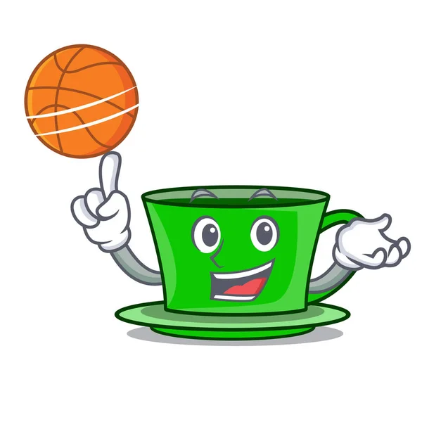 Met Basketbal Groene Thee Karakter Cartoon Vectorillustratie — Stockvector