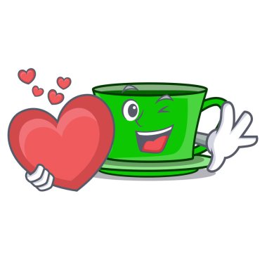 Kalp yeşil çay maskot karikatür vektör çizim ile