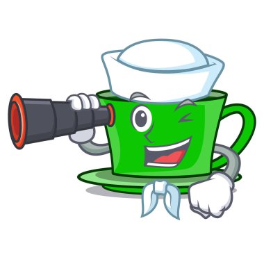 Denizci dürbün yeşil çay maskot karikatür vektör çizim ile
