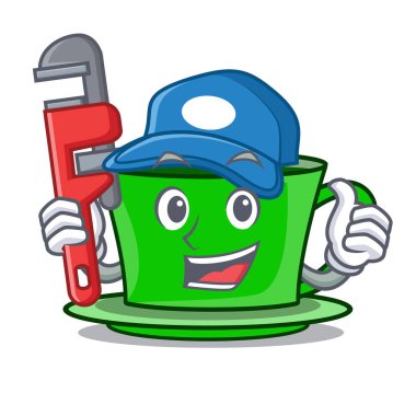 Tesisatçı yeşil çay maskot karikatür vektör çizim