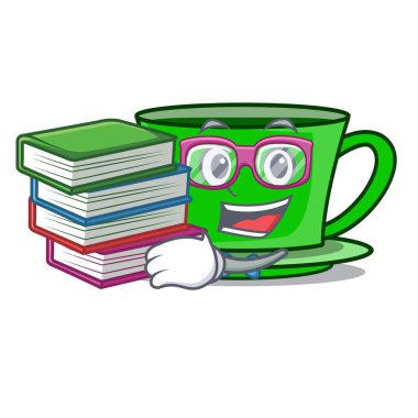 Öğrenci kitap yeşil çay maskot karikatür vektör çizim ile