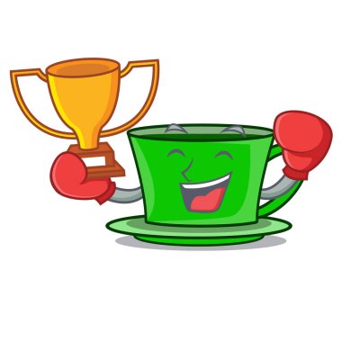 Kazanan yeşil çay maskot karikatür vektör çizim boks