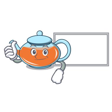 Yönetim Kurulu şeffaf çaydanlık karakter karikatür ile yukarı Thumbe