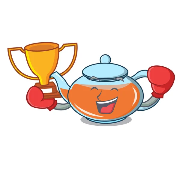 Boxing winner transparent teapot character cartoon — Stock Vector