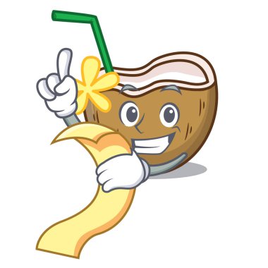 Menü kokteyl Hindistan cevizi maskot karikatür vektör çizim ile