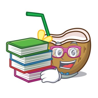 Öğrenci kitap kokteyl Hindistan cevizi maskot karikatür ile