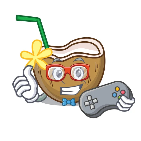 Gamer cocktail kokosnoot mascotte cartoon — Stockvector