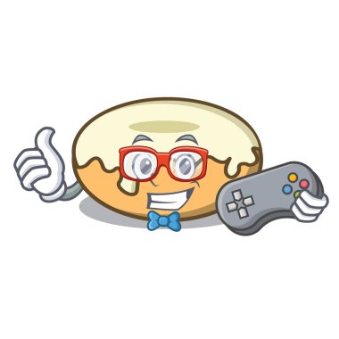 Şeker maskot karikatür ile oyun çörek