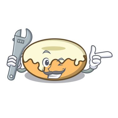 Şeker maskot karikatür ile mekanik çörek