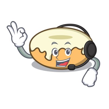 Şeker maskot karikatür ile kulaklık çörek ile