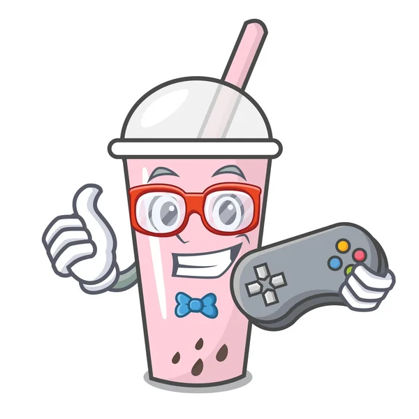 Gamer frambuesa burbuja personaje de té de dibujos animados — Vector de stock