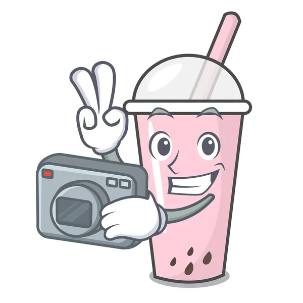 Fotógrafo framboesa bolha chá personagem desenho animado — Vetor de Stock