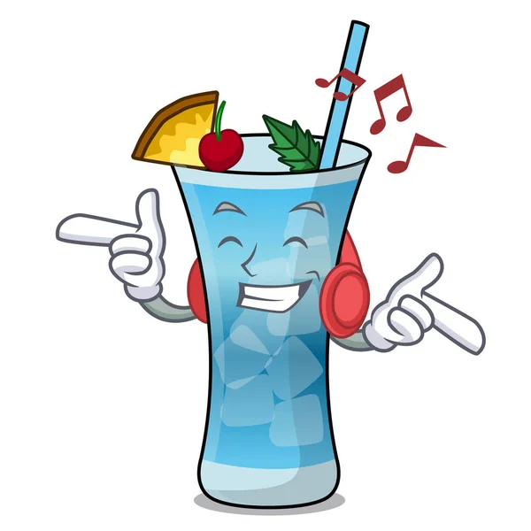 Ouvindo música azul hawaii mascote desenhos animados — Vetor de Stock