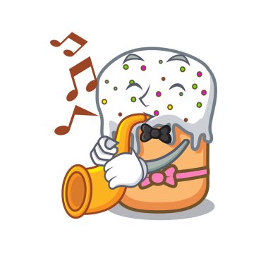 Paskalya kek maskot karikatür ile trompet