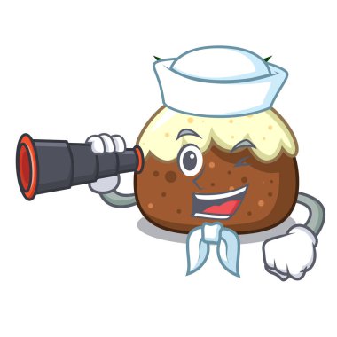 Denizci dürbün meyve pasta maskot karikatür ile