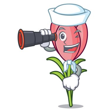 Denizci dürbün çiğdem çiçek maskot karikatür ile