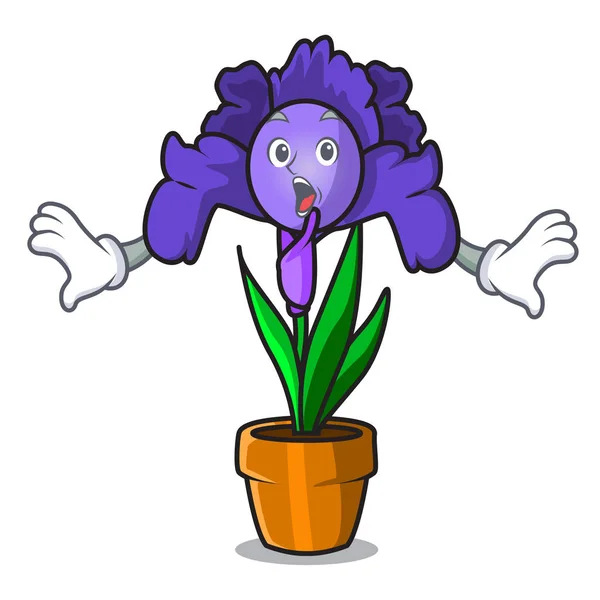 Sorpreso iris fiore mascotte cartone animato — Vettoriale Stock