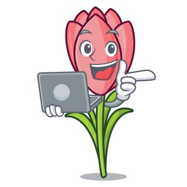 Dizüstü çiğdem çiçek karakter karikatür ile