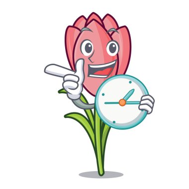 Saat çiğdem çiçek karakter karikatür ile