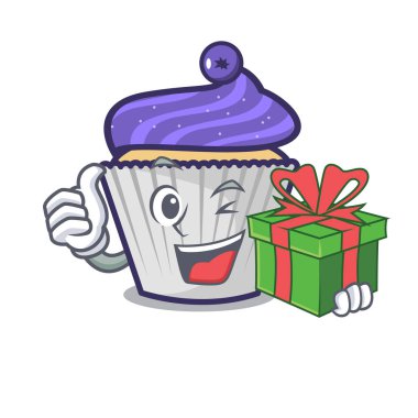 Hediye yaban mersinli kek maskot karikatür ile