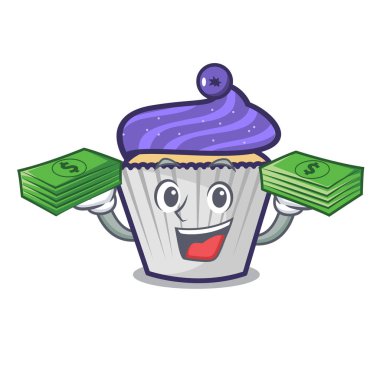 Para çantası yaban mersinli kek maskot karikatür ile