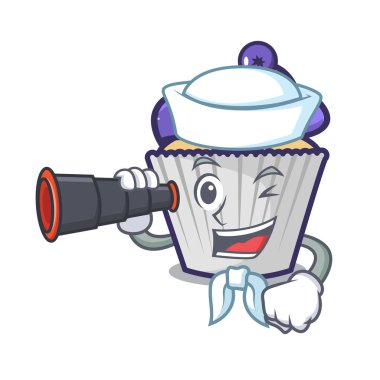 Denizci dürbün yaban mersinli kek maskot karikatür ile