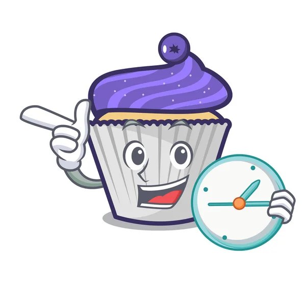 Met klok blueberry cupcake karakter cartoon — Stockvector