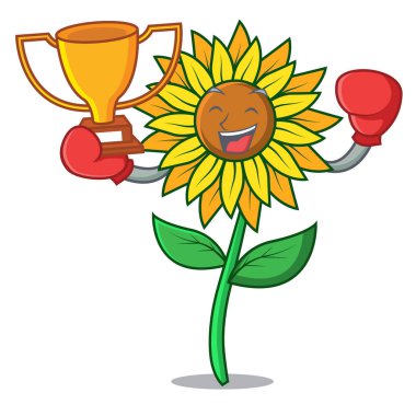 Boks şampiyonu ayçiçeği maskot karikatür tarzı