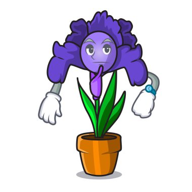 Iris çiçek maskot karikatür bekliyor