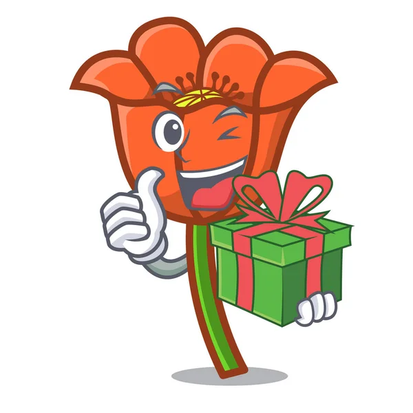 Con regalo flor de amapola mascota de dibujos animados — Vector de stock