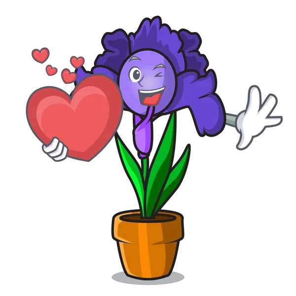 With heart iris flower mascot cartoon — Stock Vector
